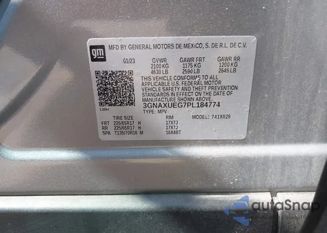 2023 Chevrolet Equinox Awd Lt из США, поврежденный, VIN 3GNAXUEG7PL184774